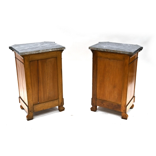 977 - Pair of Birdseye Maple bedside Cabinets c1870's. Inlaid decoration to the front and pillars, cupboar... 