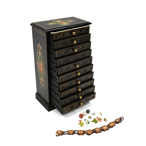 981 - Small Indian painted 10 drawer cabinet with brass pulls. W 26cm, D 14cm H 42cm.