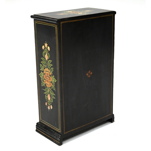 981 - Small Indian painted 10 drawer cabinet with brass pulls. W 26cm, D 14cm H 42cm.