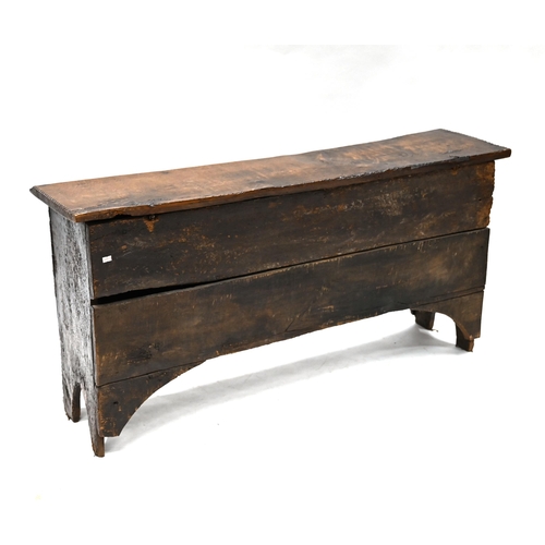 984 - A late 17th Century and later Oak 6 plank coffer with carved decoration to the front. Staple - hinge... 