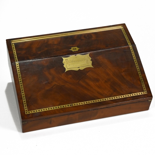 987 - A mid 19th Century Ladies brass inlay travelling writing slope. Lid opens to reveal leather writing ... 