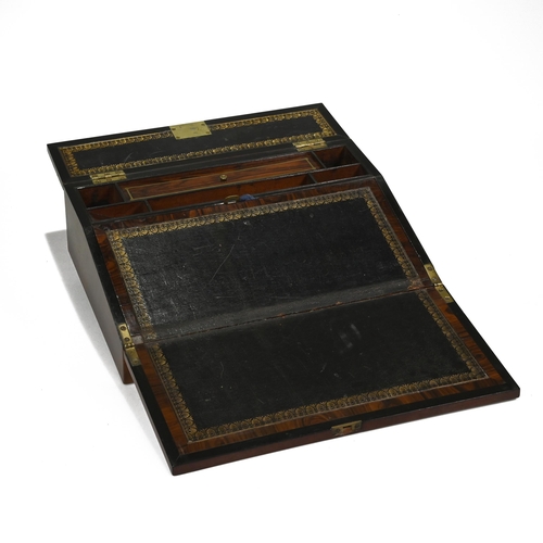 987 - A mid 19th Century Ladies brass inlay travelling writing slope. Lid opens to reveal leather writing ... 