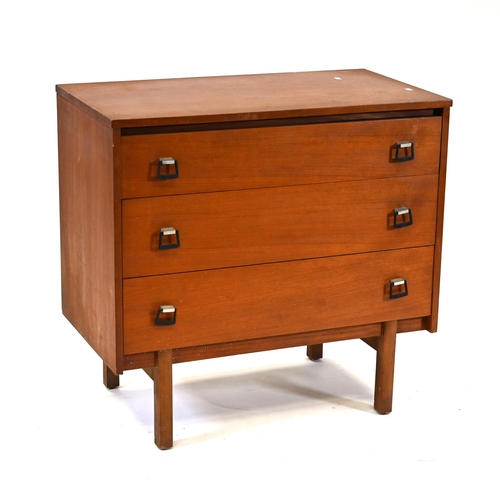 989 - A small vintage Teak 3 drawer chest of drawers on legs with drop handles c1970s. W 77cm, D 42cm H 73... 