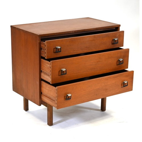 989 - A small vintage Teak 3 drawer chest of drawers on legs with drop handles c1970s. W 77cm, D 42cm H 73... 