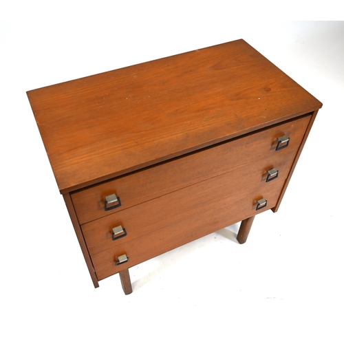 989 - A small vintage Teak 3 drawer chest of drawers on legs with drop handles c1970s. W 77cm, D 42cm H 73... 