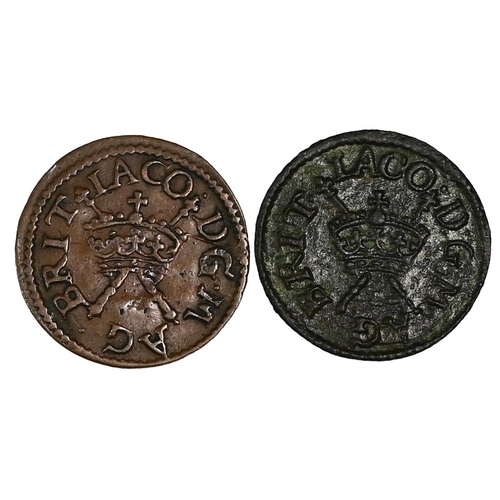 108 - Group of two (2) 1616-1621 James I Harrington type 2 copper Farthings with reverse mintmarks (S 2676... 