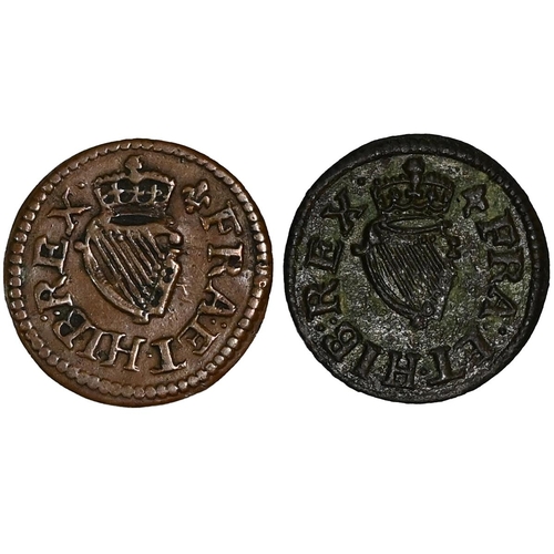 108 - Group of two (2) 1616-1621 James I Harrington type 2 copper Farthings with reverse mintmarks (S 2676... 