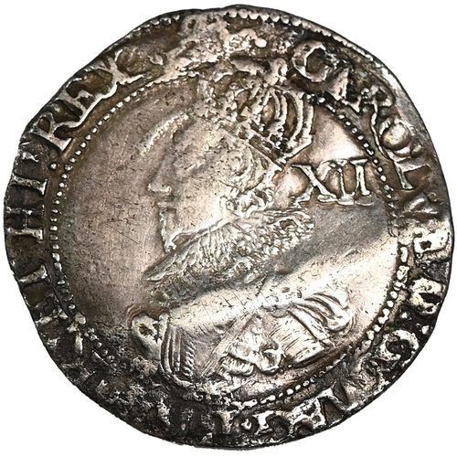 110 - 1631-1632 King Charles I Tower mint group C silver Shilling with rose mintmark (S 2787). Obverse: th... 