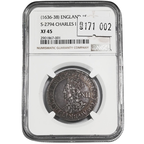 115 - 1636-1638 Charles I Tower mint silver Shilling with anchor mintmark graded XF 45 by NGC (S 2794). Ob... 
