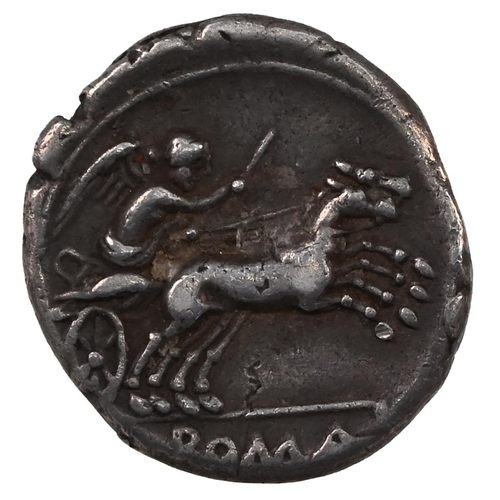 12 - 157-155 BC Roman Republic silver Roma Denarius. Obverse: helmeted head of Roma right with 'X' behind... 
