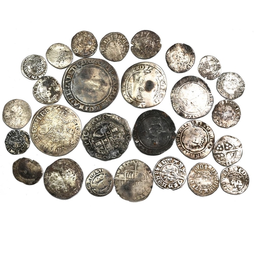 123 - Group of twenty-seven (27) English hammered silver coins with a mix of denominations and monarchs.