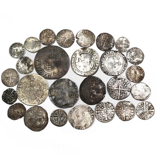 123 - Group of twenty-seven (27) English hammered silver coins with a mix of denominations and monarchs.