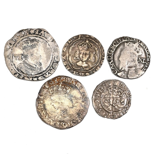 124 - Group of five (5) British hammered silver coins with a mix of denominations and monarchs.