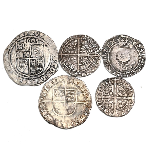 124 - Group of five (5) British hammered silver coins with a mix of denominations and monarchs.