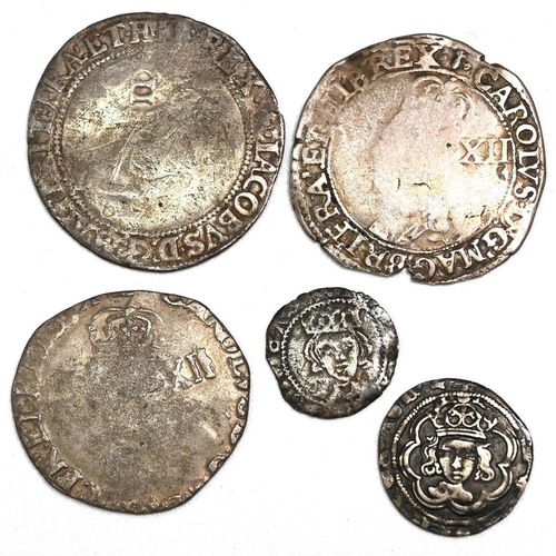 125 - Group of five (5) English hammered silver coins with a mix of denominations and monarchs.