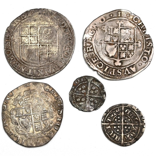 125 - Group of five (5) English hammered silver coins with a mix of denominations and monarchs.