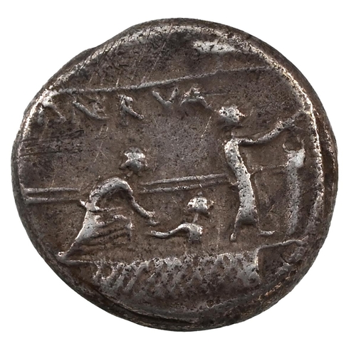 14 - 113-112 BC Roman Republic silver Denarius of Publics Licinius Nerva. Obverse: helmeted bust of Roma,... 