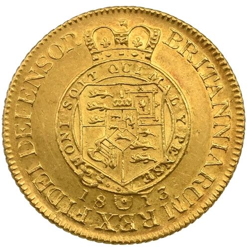 142 - 1813 King George III gold 'Military' type full Guinea with a shield in garter design (S 3730, Schnei... 