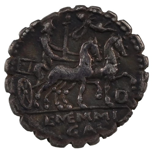 15 - 106 BC Roman Republic silver Denarius of L Memmius. Obverse: laureate head of Saturn with 'ROMA' to ... 