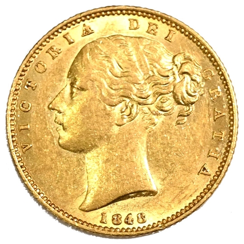 154 - 1848 Queen Victoria gold 'full' Sovereign with 'Young Head' portrait and shield back (Marsh 31, S 38... 