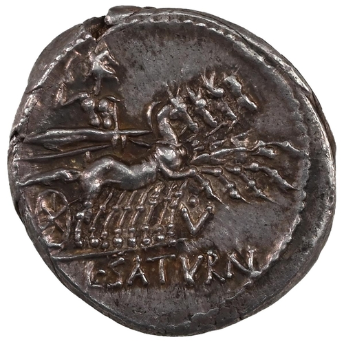 16 - 104 BC Roman Republic silver Denarius of Lucius Appuleius Saturninus, Rome Mint. Obverse: helmeted h... 