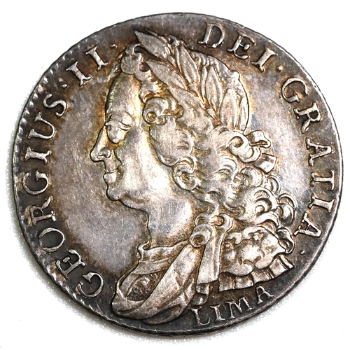 185 - 1745 King George I silver 'LIMA' Shilling with older draped bust (Bull 1724, ESC 1205, S 3703). Obve... 