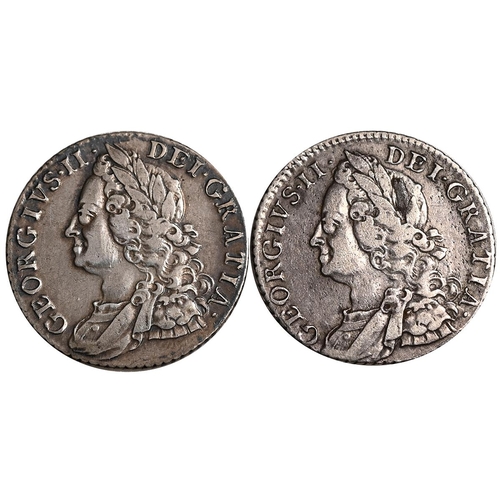 186 - Group of two (2) 1758 King George II silver Shillings, both with old laureate draped bust (S 3704). ... 