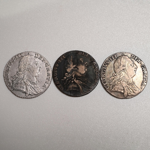 187 - Group of three (3) 1787 King George III silver Shillings, all without reverse hearts (S 3743). Inclu... 