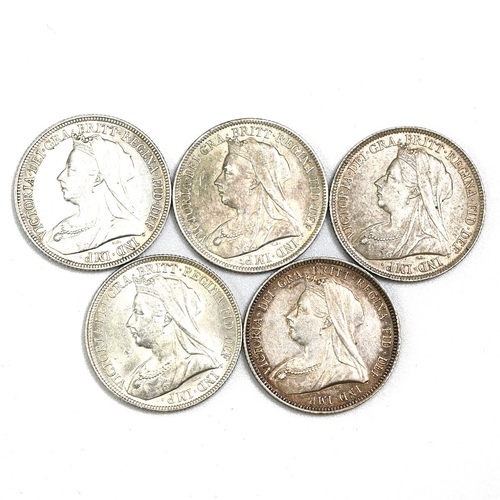 193 - Group of five (5) 1893-1900 Queen Victoria 'Widowed Head' silver Shillings (S 3940 and S 3940A). Inc... 