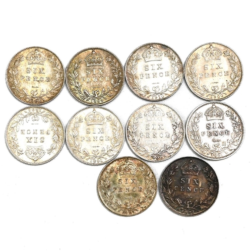 202 - Group of ten (10) late 19th and early 20th-century silver Sixpences dated 1887 through 1910 includin... 