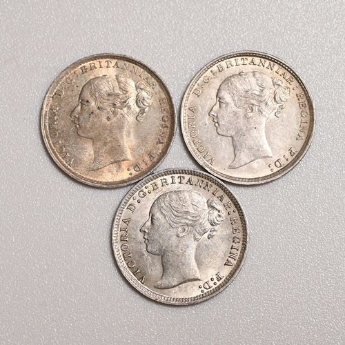 208 - Group of three (3) Queen Victoria Young Head silver currency-issue Threepences (S 3914C and 3914D). ... 