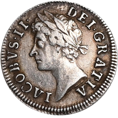 211 - 1686 King James II scarce variety early milled silver Twopence coin with errors (S  3416). Obverse: ... 