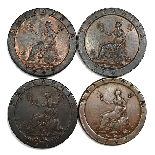 218 - Group of four (4) 1797 King George III copper 'Cartwheel' Pennies including one likely counterfeit (... 