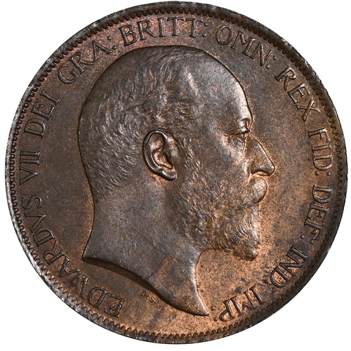 221 - 1902 King Edward VII bronze 'Low Tide' Penny with dies 1+A (S 3990A). Obverse: right-facing bare hea... 