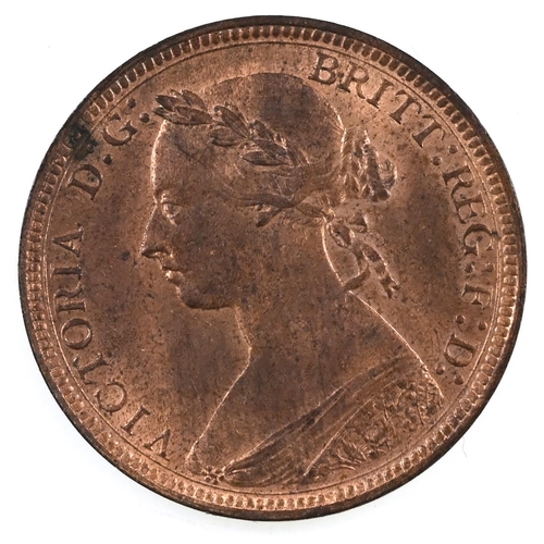 226 - 1887 Queen Victoria bronze laureate 'Bun Head' Halfpenny coin with Freeman dies 17+S (S 3956). Obver... 