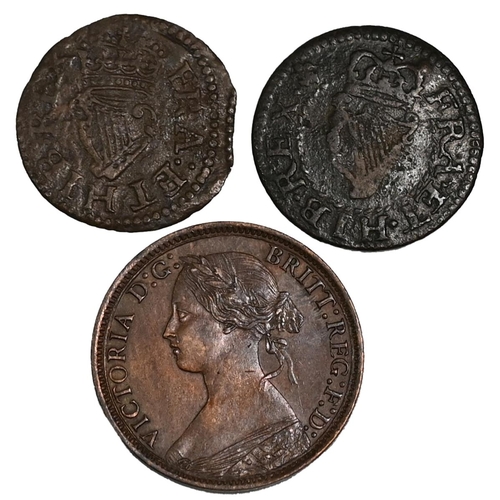 227 - Group of three (3) mixed date copper Farthings from the 17th and 19th centuries. Includes (1) King J... 