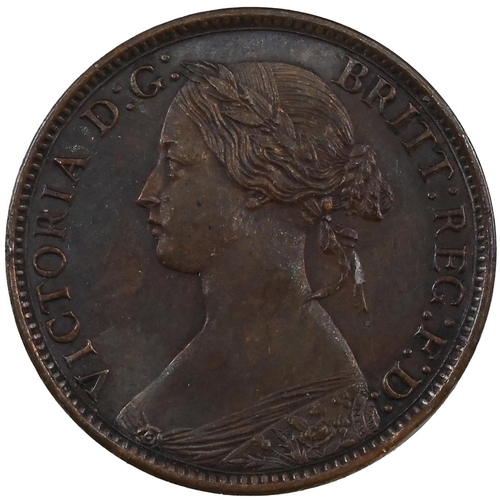 230 - 1863 Queen Victoria 'Bun Head' bronze Farthing coin from a low mintage year (S 3958). Obverse: laure... 