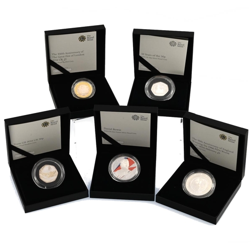 309 - Group of five (5) 2016-2020 Royal Mint silver proof 50p, £2, £5 and 1oz coins in original packaging.... 