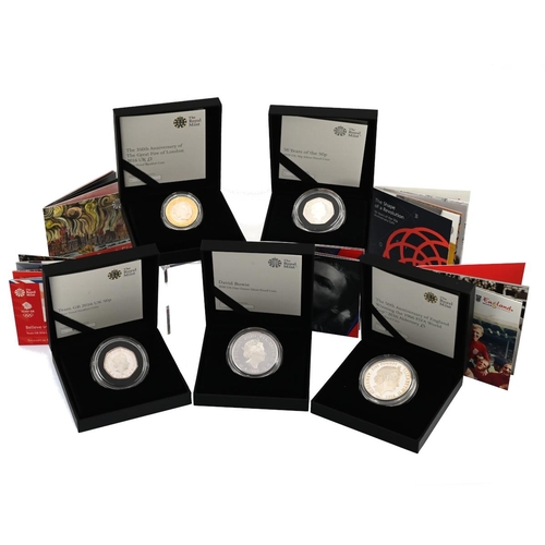 309 - Group of five (5) 2016-2020 Royal Mint silver proof 50p, £2, £5 and 1oz coins in original packaging.... 