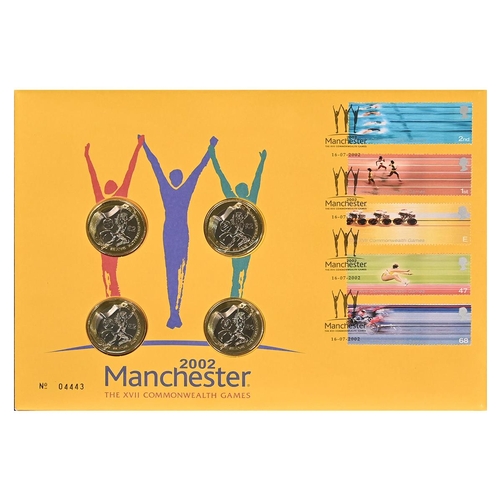 326 - 2002 Commonwealth Games £2 coin and stamp four-piece collection Royal Mail First Day Covers. Include... 