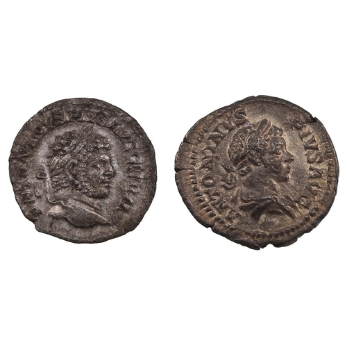 34 - Group of two (2) 211-217 AD Roman Empire silver Denarii of Caracalla. Weights: 2.66g/1.82g. Diameter... 