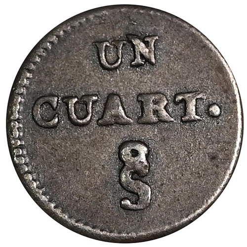 350 - 1833 Republic of Chile tiny Quarter Real silver coin (KM 90). Obverse: 'UN CUART.' (one quarter) wit... 