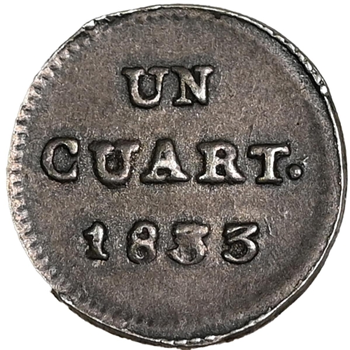 350 - 1833 Republic of Chile tiny Quarter Real silver coin (KM 90). Obverse: 'UN CUART.' (one quarter) wit... 