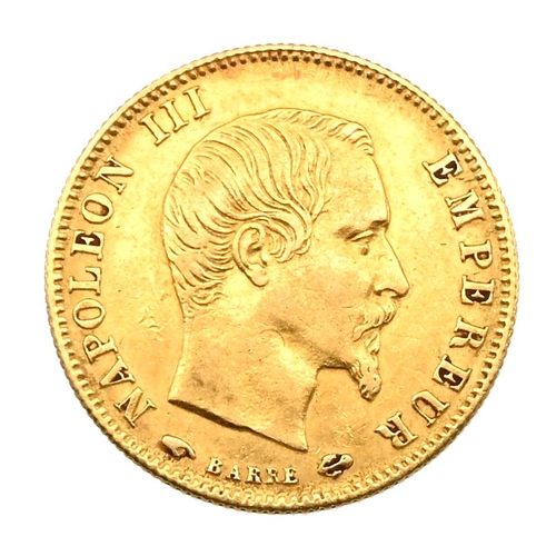 366 - 1859-A France Emperor Napoleon III gold small head 5 Franc coin. Obverse: right-facing bust of Napol... 