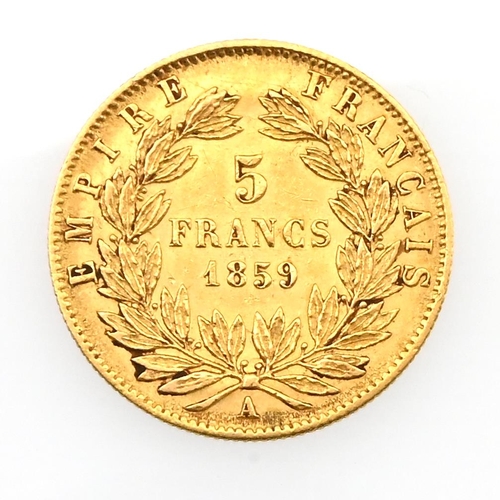 366 - 1859-A France Emperor Napoleon III gold small head 5 Franc coin. Obverse: right-facing bust of Napol... 