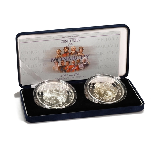 369 - 2000/2001 Guernsey silver proof Centuries of Monarchy 5oz two coin set made by the Royal Mint. Inclu... 