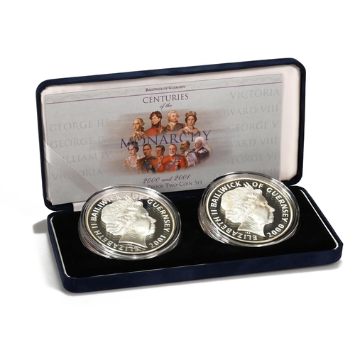 369 - 2000/2001 Guernsey silver proof Centuries of Monarchy 5oz two coin set made by the Royal Mint. Inclu... 