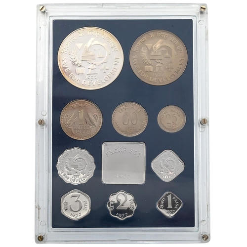 373 - 1977 Republic of India ten-coin proof set in original IG Mint Bombay paper sleeve packaging with inf... 