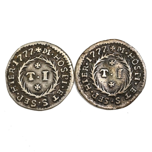 376 - Group of two (2) 1777 Malta Emmanuel de Rohan-Polduc silver one Taro coins. Obverses: crowned oval s... 