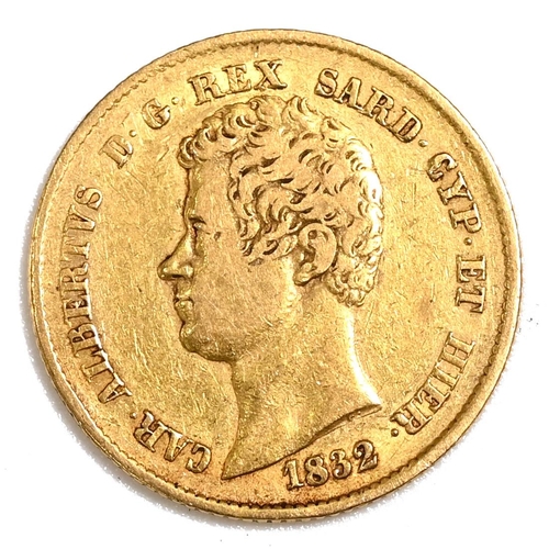 385 - 1832 Italy, Kingdom of Sardinia, King Charles Albert gold 20 Lire (KM 131). Obverse: left facing bus... 